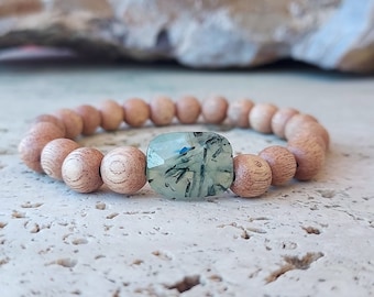Prehnite & Rosewood Bracelet: Heart Chakra Mala, Handmade in UK