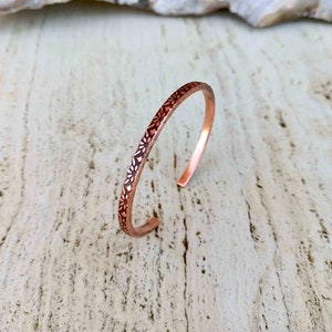 Genuine Copper Bracelet for Women, Floral Textured Slim Copper Cuff, Wellbeing, Protective, Grounding, Stacking, Minimalist Copper Bangle