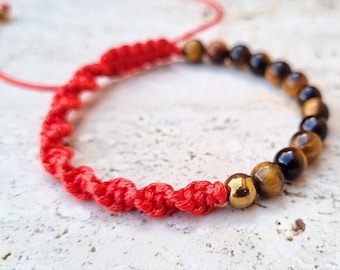 Red String Tiger Eye Bracelet - Macrame Lucky Gemstone, Spiritual Protection, Good Luck
