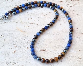 Tiger's Eye and Blue Sodalite Men's Gemstone Necklace - Strength and Serenity - Healing Crystal Necklace - Gift for Boyfriend, Son, Husband