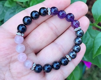 Empath Protection Bracelet: Black Tourmaline, Amethyst, Rose Quartz, Hematite