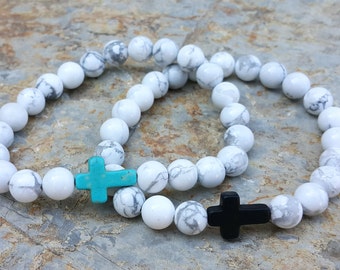 Spiritual Cross Bracelet, White Howlite Turquoise Cross Charm Bracelet, Mens Womens Cross Jewelry Prayer Beads Protection Christian Bracelet