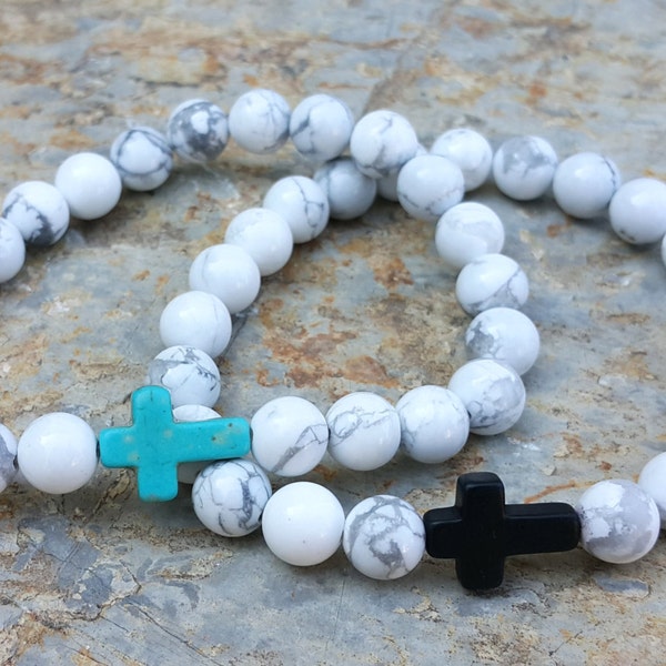 Spiritual Cross Bracelet, White Howlite Turquoise Cross Charm Bracelet, Mens Womens Cross Jewelry Prayer Beads Protection Christian Bracelet