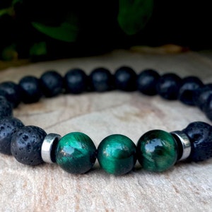 Green Tiger Eye Lava Stone Bracelet - Men's Gemstone Beaded Bracelet - Aromatherapy Christma Gifts