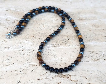 Mens Stone Necklace, Black Onyx Tigers Eye Hematite Mens Gemstone Necklace, Protection, Good Luck, Mens Jewellery, Healing Crystal Necklace