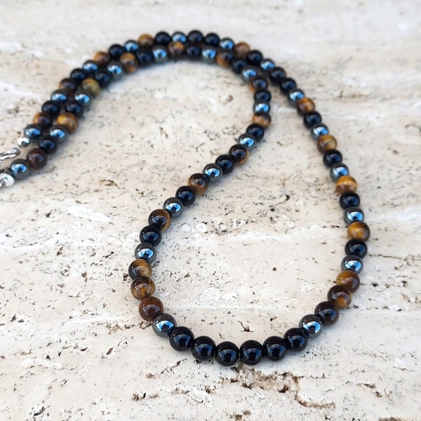 Mens Stone Necklace, Black Onyx Tigers Eye Hematite Mens Gemstone Necklace, Protection, Good Luck, Mens Jewellery, Healing Crystal Necklace