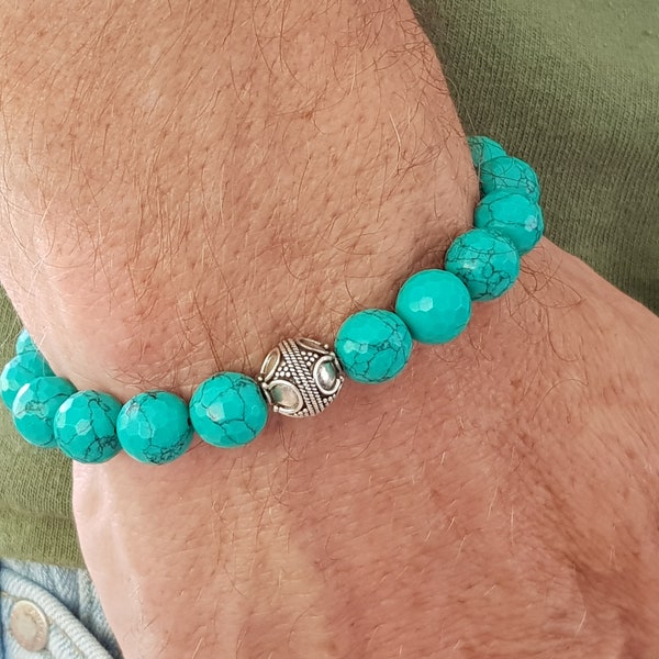 Turquoise Mens Bracelet, Sterling Silver Bali Bead, Mens Turquoise Mala, Protection Bracelet, Natural Faceted Turquoise Jewelry for Men