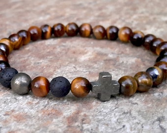 Tiger's Eye & Lava Stone Cross Bracelet, Minimalist Pyrite Crucifix