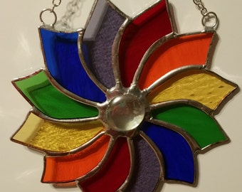 Made to order Stained glass pinwheel with window suction cup