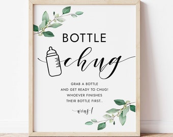 Bottle chug sign game, greenery baby shower, baby bottle chug, baby bottle game, printable, instant download