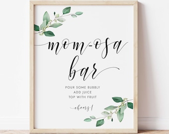 Placa para bar de momosas, decoração de chá de bebê com tema de folhagens (PDF)