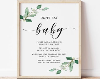 Don't Say Baby Game Greenery Baby Shower Game Printable Clothespins Game Table Sign 8x10 Instant Download