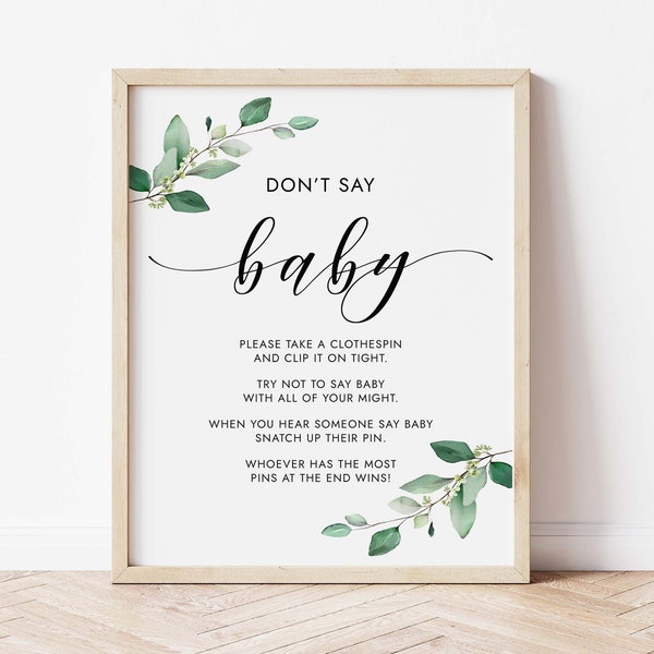 Don't Say Baby Game Greenery Baby Shower Game Printable Clothespins Game Table Sign 8x10 Instant Download