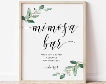Cartello da bar Greenery Mimosa stampabile, decorazione per addio al nubilato (download immediato)
