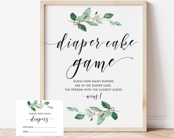 Può includere: Un cartello stampabile per un gioco di baby shower, con un design a foglie verdi e il testo "diaper cake game". Il cartello invita gli ospiti a indovinare quanti pannolini ci sono nella torta di pannolini. È mostrata anche una carta più piccola con il testo "Guess how many diapers".
