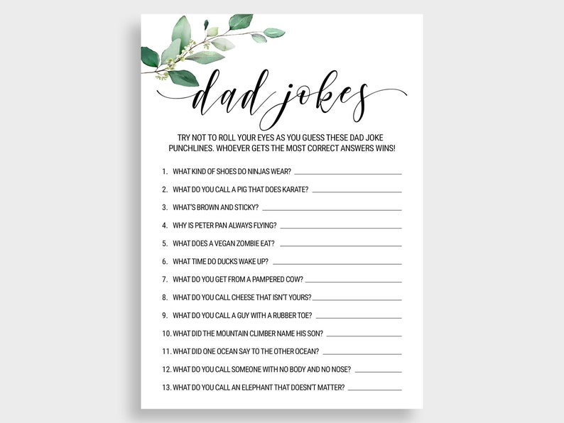 Dad Jokes Baby Shower Trivia Printable Gender Neutral Baby Shower Game
