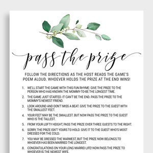 Geef de prijs door Rijm Spel groen Babyshower Spelletjes Kaarten Boho Bladeren Babyshower Geef het cadeau door Gedicht Leuke activiteit Pdf Direct downloaden KMX2