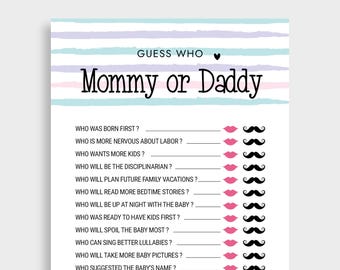 May include: A printable game for a baby shower, titled "Guess Who: Mommy or Daddy?" with a pink heart and a series of questions about the parents-to-be.  Each question has a blank line for the answer and a pink lip or black mustache icon to indicate the answer.