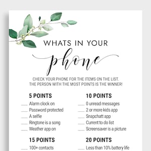 What&#39;s On Your Phone Game Card Bridal Shower Greenery Baby Shower What&#39;s in Your Phone Game Card Instant Download KMX2
