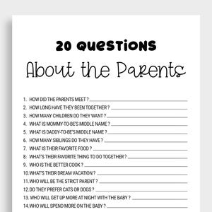 20 Questions about parents, Baby Shower Games, How Well Do You Know the Parent, Who knows Mommy and Daddy Best, Instant download DBF6