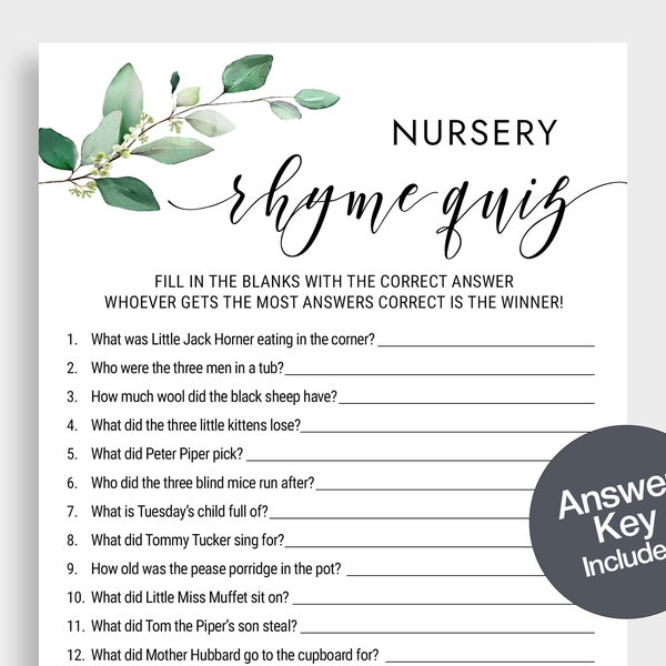 Nursery Rhyme Quiz Nursery rhymes Baby shower games Nursery game Leaves greenery baby shower games printable cards