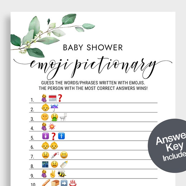 Baby Shower Emoji Pictionary Emoji Game Baby Shower Game Instant Download Printable Baby Shower Activity Printable Cards Greenery