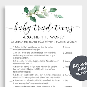 Baby Traditions Around The World Game Baby Shower Game Fun Baby Shower Games Neutral Baby Shower Games Greenery Instant Download KMX2