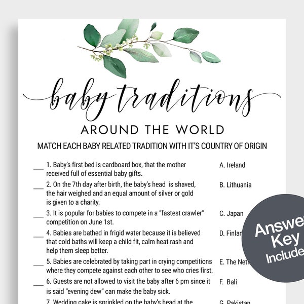 Baby Traditions Around The World Game Baby Shower Game Fun Baby Shower Games Neutral Baby Shower Games Greenery Instant Download
