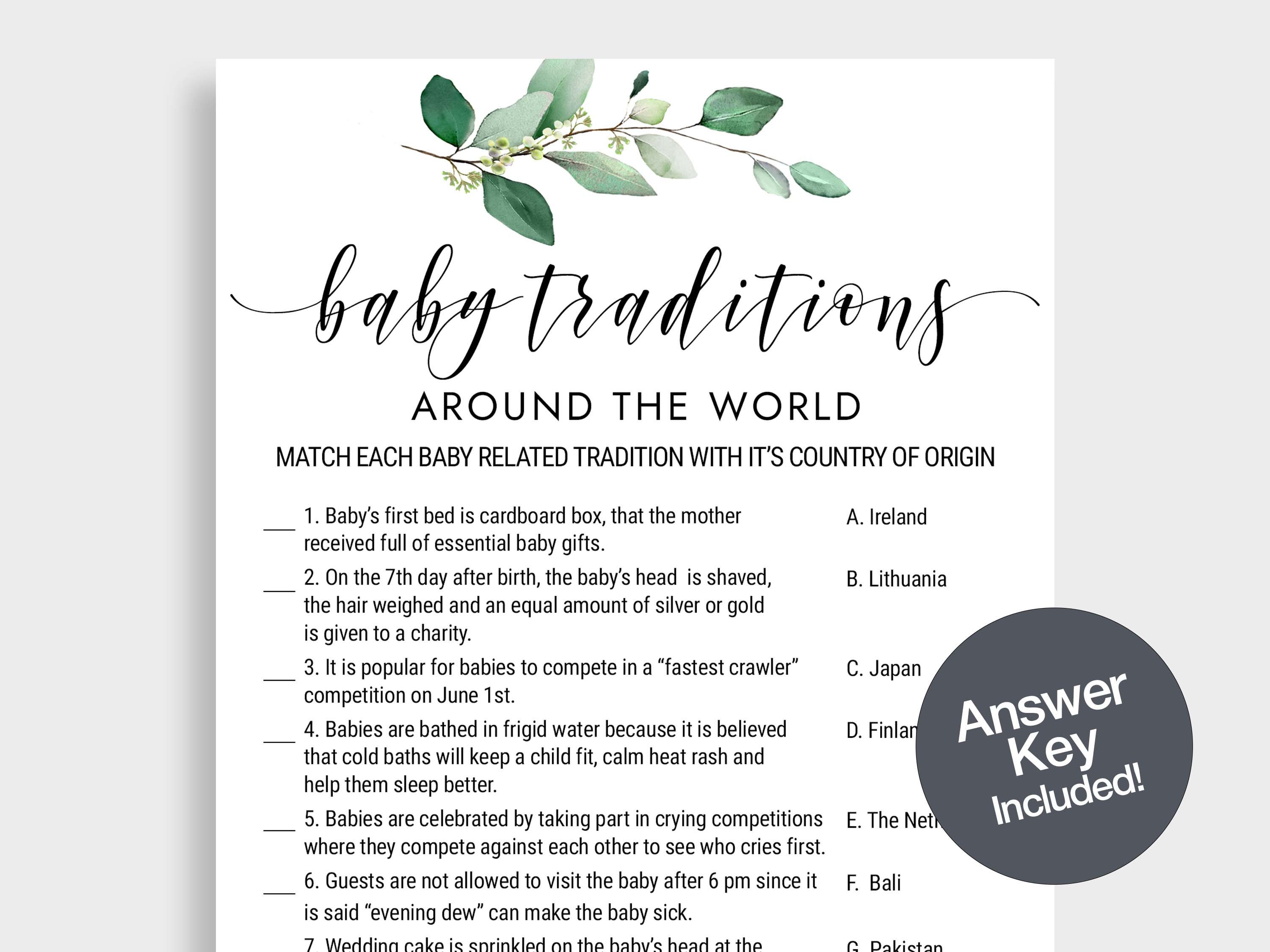 Baby Traditionen Rund um die Welt Spiel Babyparty Spiel Spaß Babyparty Spiele Neutral Baby Shower Spiele Greenery Instant Download KMX2