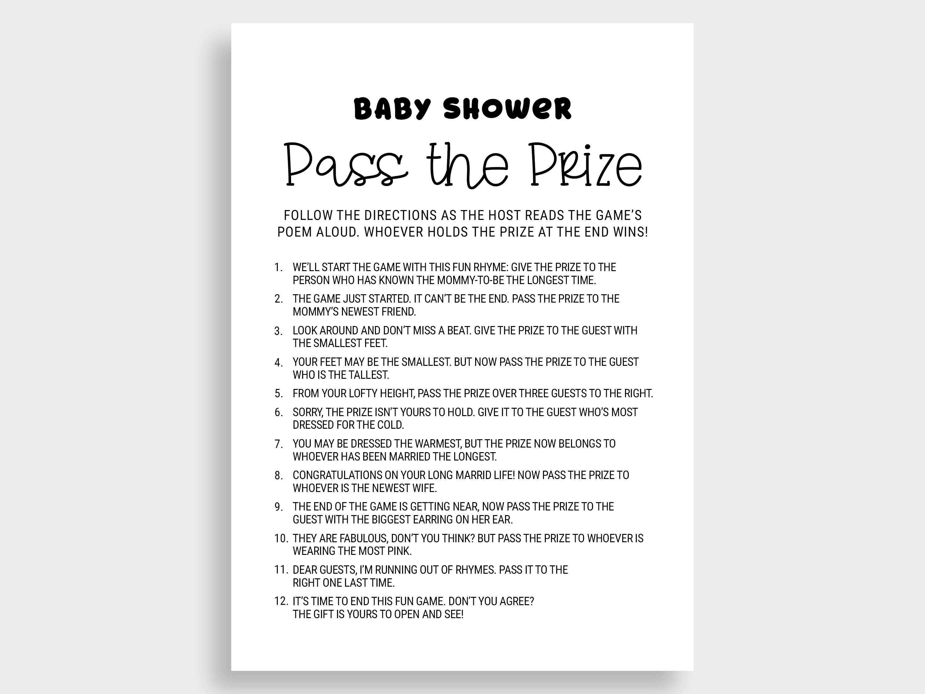 Pass the Prize Rhyme Game Baby Shower Games Cards Pass the - Etsy