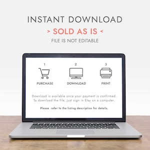 Pode incluir: Um laptop exibindo instru&ccedil;&otilde;es para download instant&acirc;neo. A tela mostra &iacute;cones de carrinho de compras, computador e impressora com as palavras "Comprar", "Baixar" e "Imprimir". O texto "VENDIDO COMO EST&Aacute;" e "ARQUIVO N&Atilde;O EDIT&Aacute;VEL" tamb&eacute;m &eacute; vis&iacute;vel.