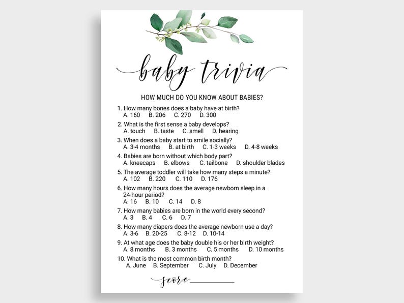 Pode incluir: Um cart&atilde;o branco de jogo de trivia para beb&ecirc;s com um design floral e perguntas sobre beb&ecirc;s com respostas de m&uacute;ltipla escolha. O t&iacute;tulo "baby trivia" est&aacute; escrito em it&aacute;lico.