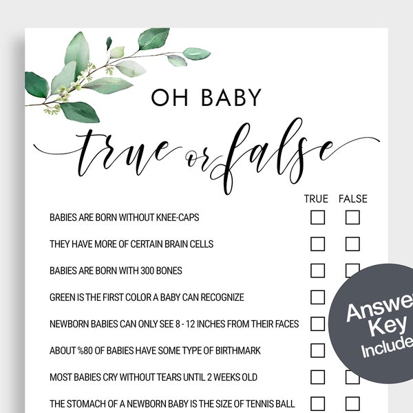 Oh Baby True or False Baby Shower Game Instant Download Printable Baby Shower Idea Printable Cards Greenery True or False Baby Game