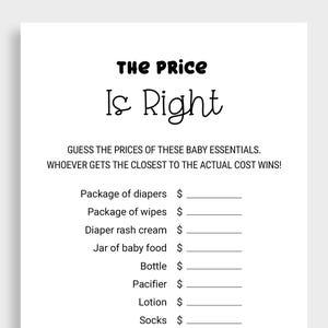 The Price Is Right Game Printable Minimalist Baby Shower Game Gender Neutral Instant Download DBF6