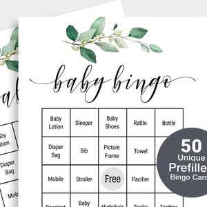 50 vooraf ingevulde babyshower bingokaarten babybingospel Bonus lege kaart afdrukbare babyshower spel groen Instant Download KMX2