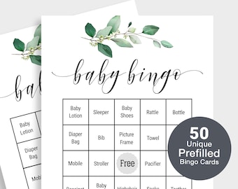 50 Prefilled Baby Shower Bingo Cards Baby Bingo Game Bonus Blank Card Printable Baby Shower Game Greenery Gender Neutral Instant Download