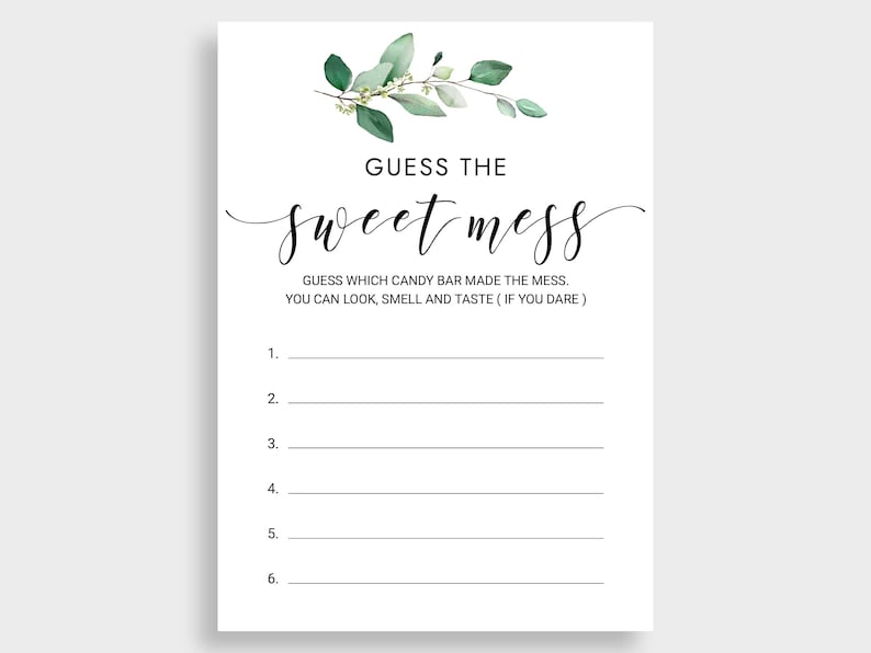 Guess the Sweet Mess Baby Shower Candy Bar Game Green Leaves Baby