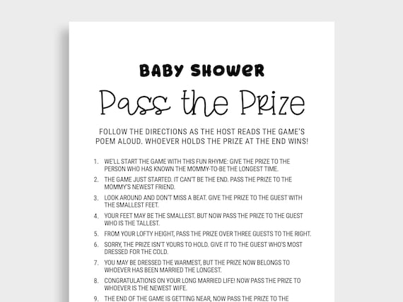 Pass the Prize Rhyme Game Baby Shower Games Cards Pass the Gift Poem Fun Activity Pdf Instant Download DBF6