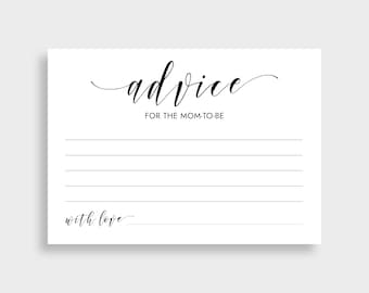 May include: A white card with black text that says "advice for the mom-to-be" and "with love". The card has lines for writing on it.