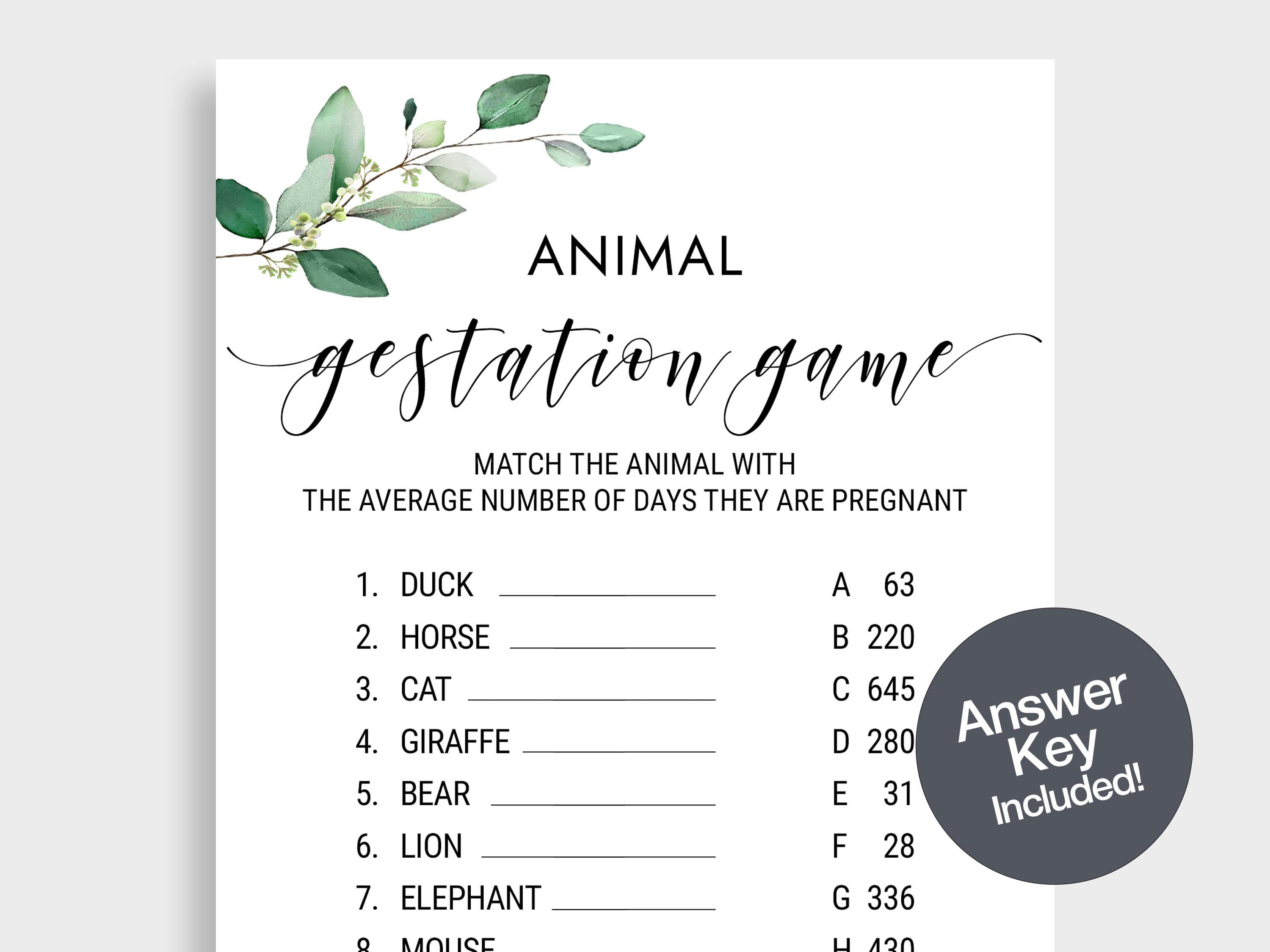 Animal Gestation Game Baby Shower Game Animal Pregnancy Game Instant