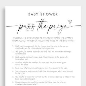 Jeu de comptines Passez le prix Jeux de baby shower Cartes de jeu de baby shower minimalistes Passez le cadeau poème activité amusante PDF Téléchargement instantané CRF7