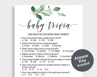 Baby Trivia Game Baby Shower Trivia Baby Shower Party Game Cards Leaves Greenery Baby Shower Games Printable Cards