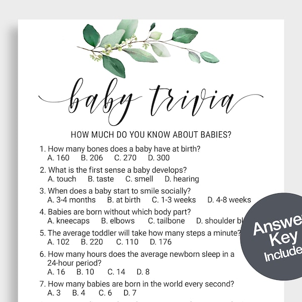 Baby Trivia Game Baby Shower Trivia Baby Shower Party Game Cards Leaves Greenery Baby Shower Games Printable Cards