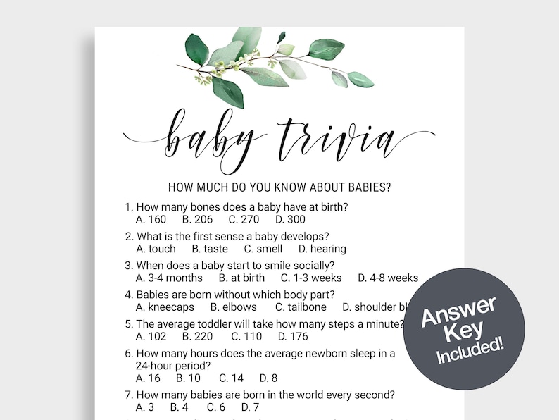 Pode incluir: Um jogo de perguntas sobre beb&ecirc;s com respostas. O design inclui as palavras "baby trivia" em escrita elegante, com um ramo de eucalipto em aquarela. Um gr&aacute;fico circular "Answer Key Included!" est&aacute; &agrave; direita.