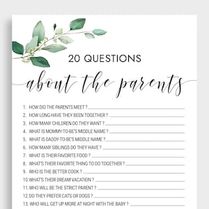 20 Questions about parents Greenery Baby Shower Games How Well Do You Know the Parent Who knows Mommy and Daddy Best Instant download KMX2