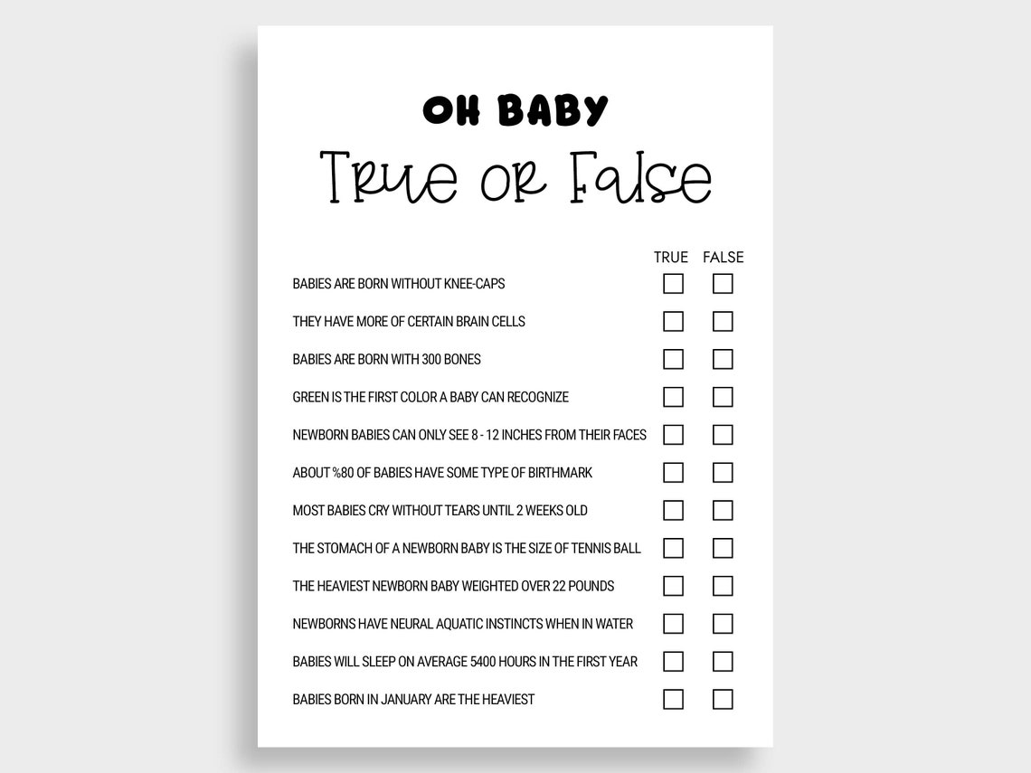True or False Baby Shower Game Printable Game Baby Shower Trivia Black and White Instant