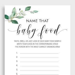 Name That Baby Food Baby Shower Game Guess The Baby Food Greenery Baby Shower Guessing Game Baby Shower Food Tasting Printable Games KMX2