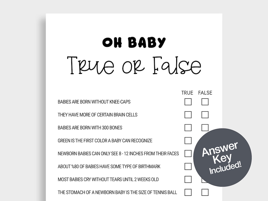 True or False Baby Shower Game Printable Game Baby Shower Trivia Black