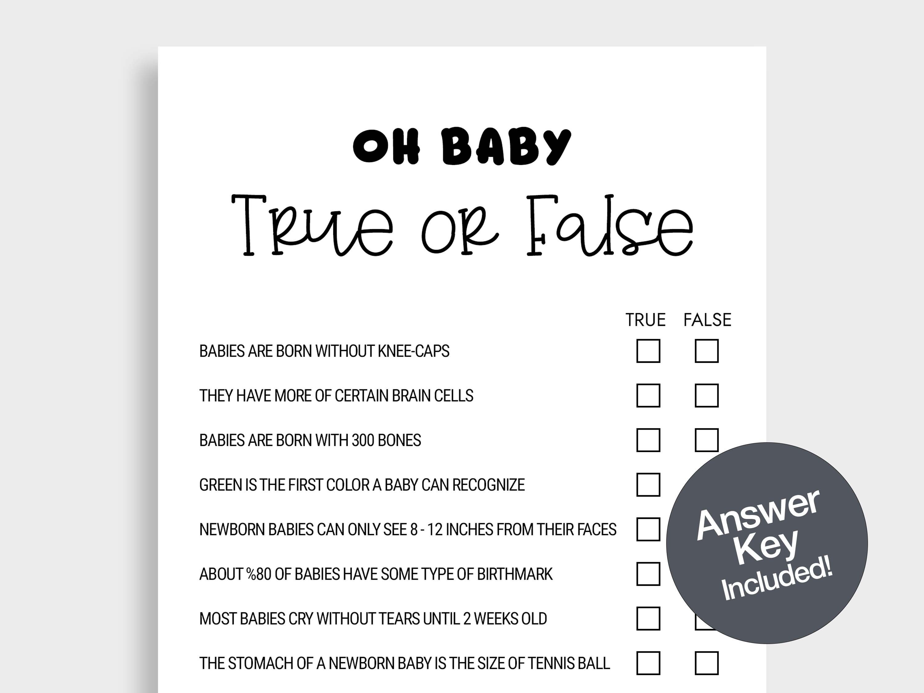 True or False Baby Shower Game Printable Game Baby Shower Trivia Black