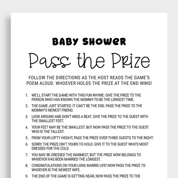 Pass the Prize Rhyme Game Baby Shower Games Cards Pass the Gift Poem Fun Activity Pdf Instant Download